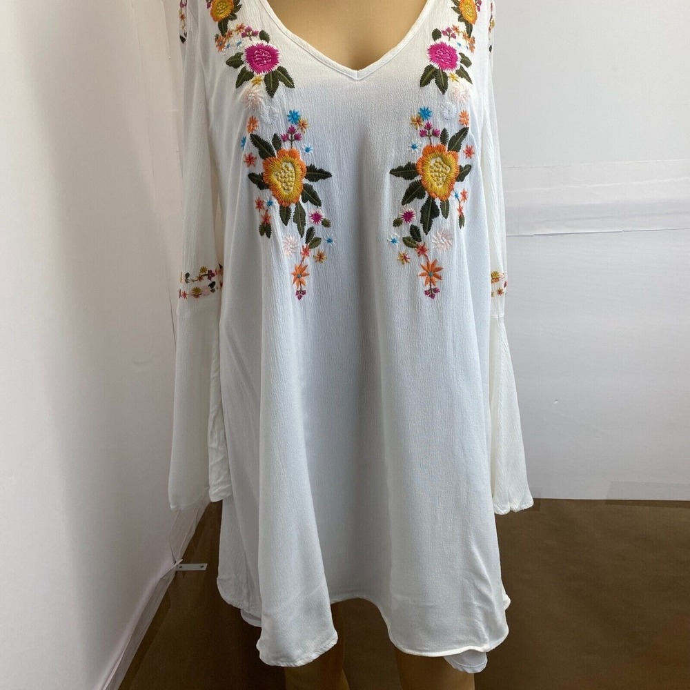 Womens Sugar Lips V Neck Floral Embroidered Lined Tunic Dress Bell Sleeve Sz M - Picture 12 of 16
